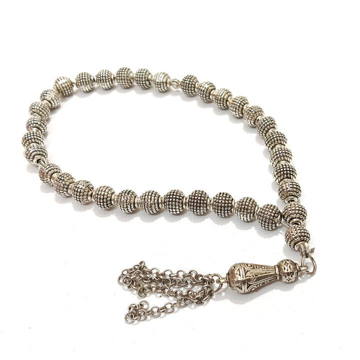 Beautiful Handmade Floral Design 8mm 925 Sterling Silver 34 Muslim Islamic Prayer Beads Tesbih Tasbeeh Rosary (Made in Turkey) Execellent Brides gifting - tasbi counter Stress Relaxation