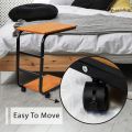 Movable Desk Side Table Tray Cart 4 Wheels Steel Legs Wood Desktop Office Home Desk Shelf Organizer Bookcase | Natural Wood Tone. 