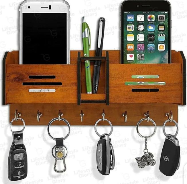 Wooden Wall Keychain and Phone Holder with Charging Station, Rustic Home Organizer