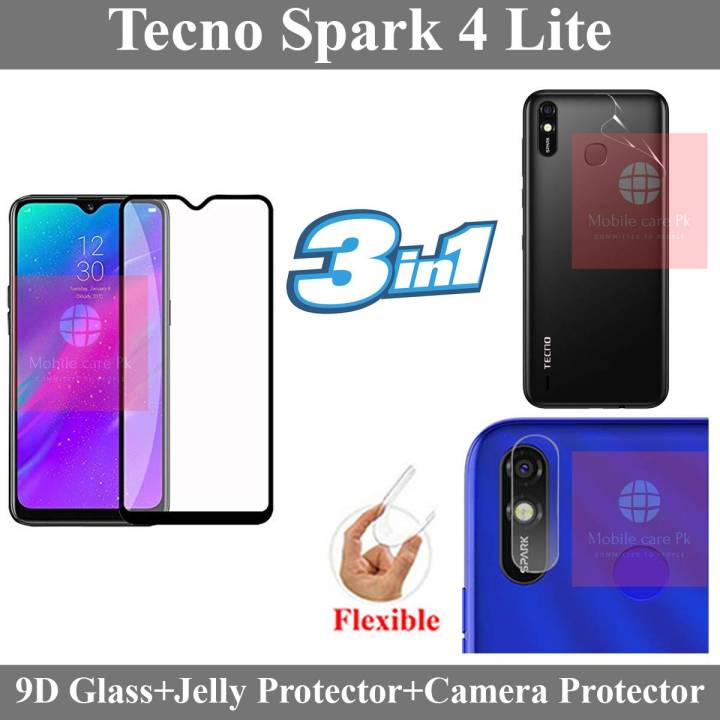 Tecno Spark 4 Lite Full Black 9D5D6D10D11D21D Tempered Glass Screen Protector Full Glue  + Back Camera 9H Gorilla Flexible Protector + Back Jelly Protector Clear Soft Protection Film Transparent Hydrogel Film Protector For Tecno Spark 4 Lite
