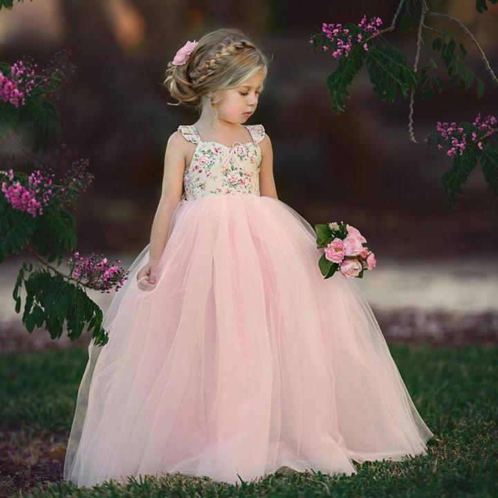 Wedding Pink Dresses For Girls Summer Kid Baby Girls Floral Long