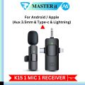 Wireless MIC Type C/IOS/Android/AUX 3.5mm Mic K15 Wireless Single/Double Microphone For Interview, Vlogging , Podcast. 