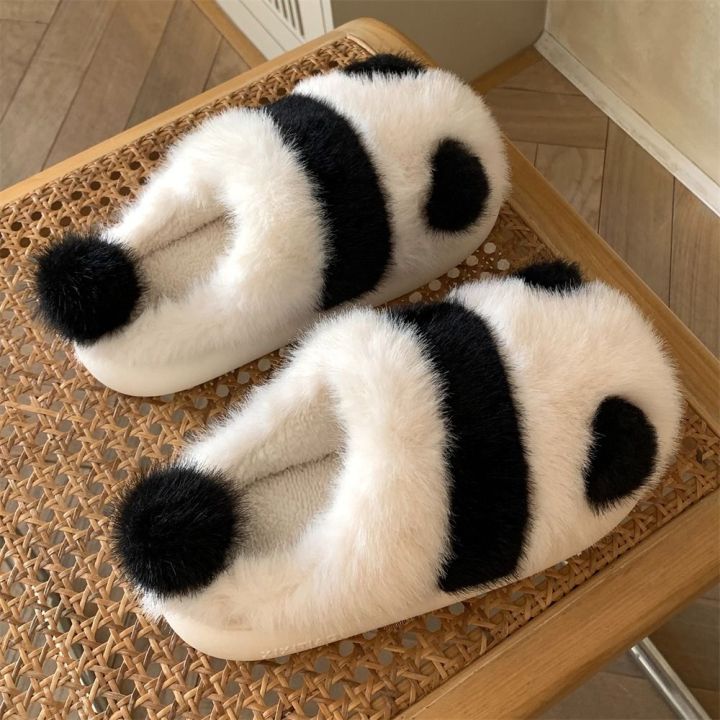 Cozy Soft Winter Panda Slippers Fluffy Animal Panda Plush Slides Cute Thick Sole Girls