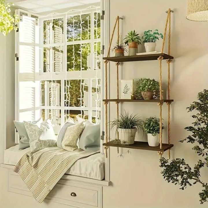 Wall Hanging shelf original wood 1 2 3 & 4 Tier Rope Hanging Shelf Wall Hanging Shelf, , Decorative piece By Padini Collection