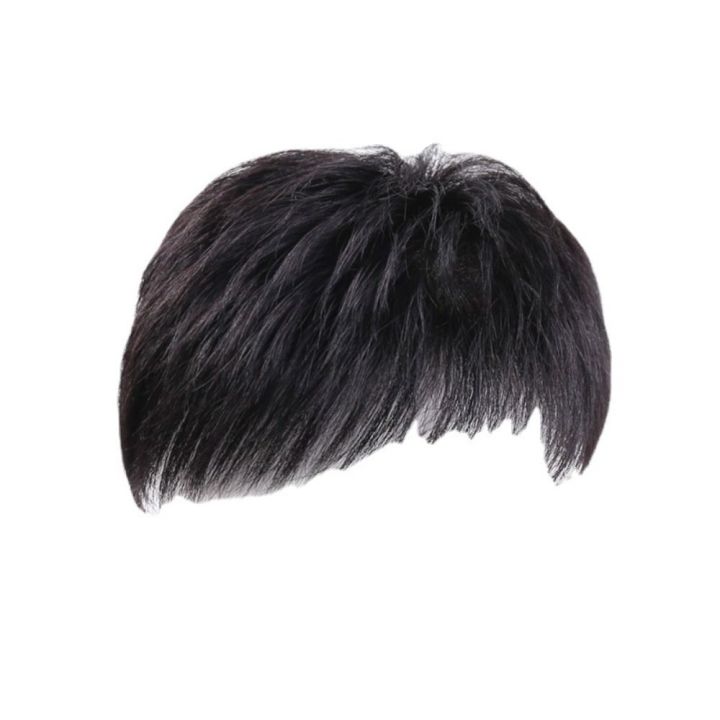 High quality Fashion Breathable High Hair Line Fluffy Heat Resistant Fiber For Young Men Hair Extensions Clip-On Male Natural Toupee Black Short Wig Synthetic Hairpiece Straight Bangs