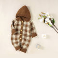 Newborn Hooded Knit Jumpsuit, Toddler Casual Plaid Pattern Long Sleeve Button Romper. 