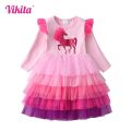 VIKITA Girls Long Sleeve Dress Kids Unicorn Cartoon Dresses Girls Layered Mesh Tulle Princess Birthday Party Children Clothing. 