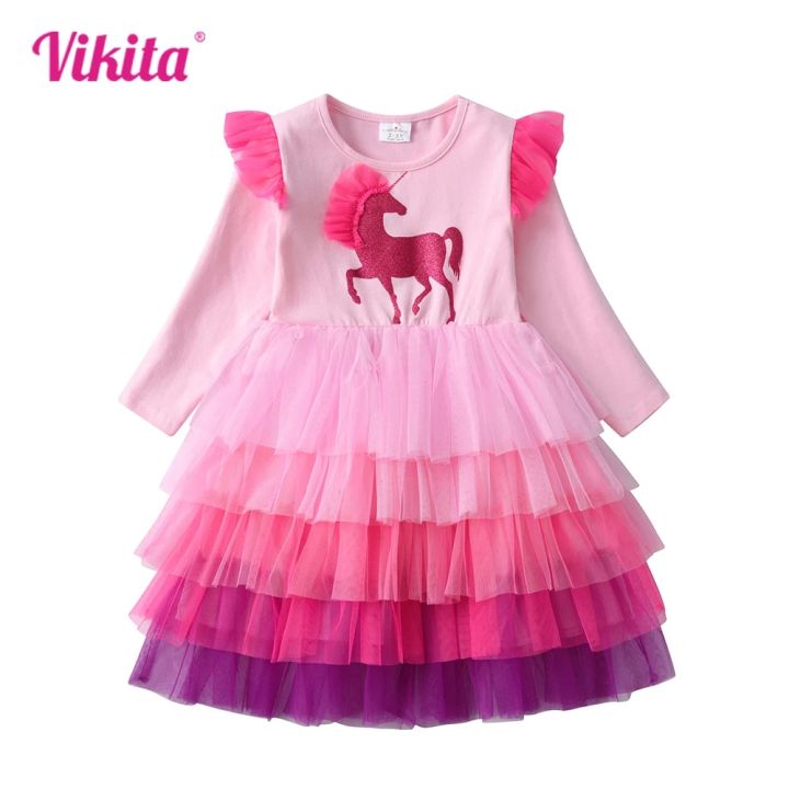 VIKITA Girls Long Sleeve Dress Kids Unicorn Cartoon Dresses Girls Layered Mesh Tulle Princess Birthday Party Children Clothing