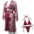 3 Pcs Nighty Beautiful Bridal Maroon - Women Silk Long Gown Bridal Night Suit, Nightwear Sleepwear,  Night Dress with Bikni Long Nighty for Ladies, Beautiful Night Dress for Girls. 