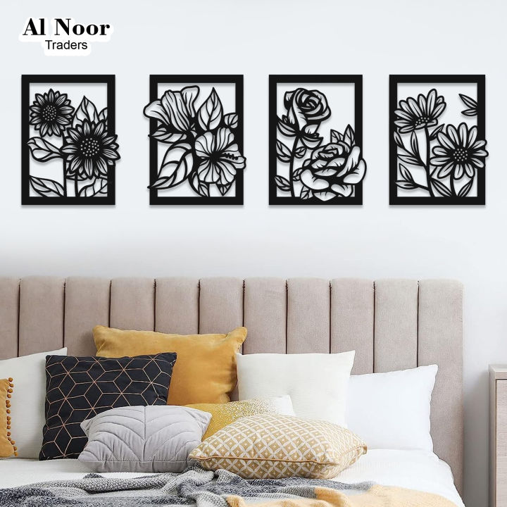 4 Set Flower in Frame Wooden Wall Decor | 4 Panel Flowers Wall Hangings | 4 Pieces Floral Artworks Wall Hangings | Decor Ornaments for Home Hotel Living Room Bedroom Dining Room