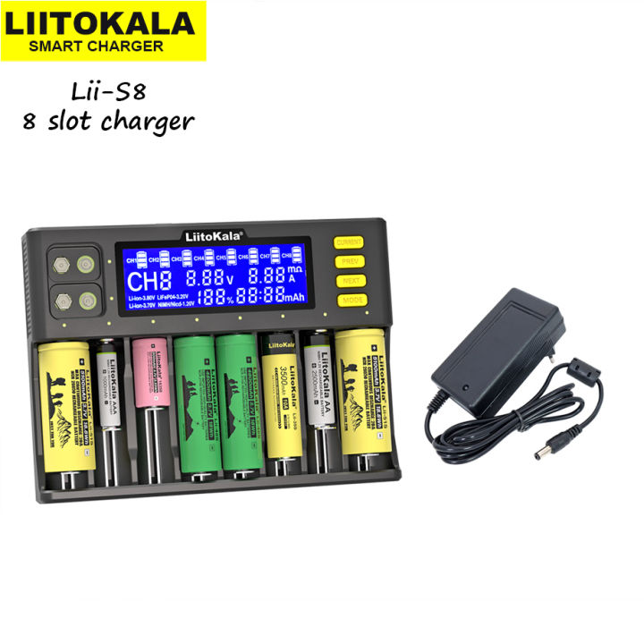 Liitokala Lii-S8 8 Slots LCD Battery Charger for Li-ion LifePO4 NiMH Ni-Cd 9V Batteries Ranging from 21700 20700 26650 18650 PCR123 18700 AA AAA Battery Charger