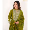 Mehndi Green Dhanak Mareena Dress 3 Piece Stitched Dress For Winter. 