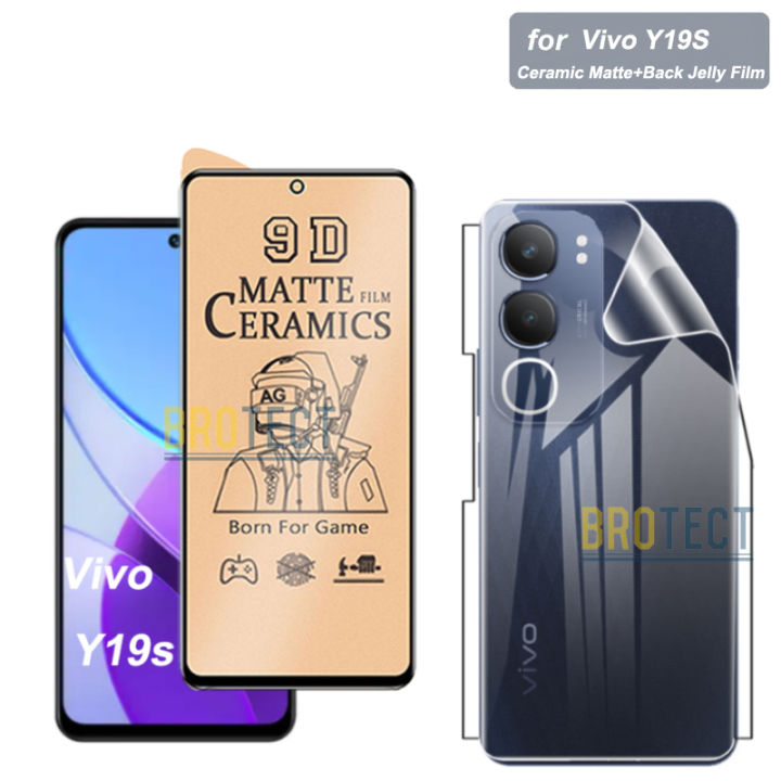 Pack of 2 - vivo Y19s Ceramic Matte Film + Back Jelly Protector Soft Skin Vinyl Lamination wrap paper clear & 9D 21D 100D Screen Protector Best For Gaming PUBG Players PLastic Unbreakable Soft Sheet For vivoy19s - semi Transparent