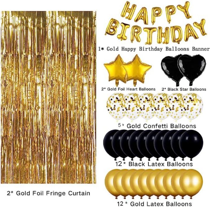 Golden%20Happy%20birthday%20Foil%20Balloons%20Banner%20Decoration%20heme-%20Including%20Happy%20Birthday%20foil%20Balloons%20Banner,%2030%20Latex%20Balloons,%205%20Confetti%20Ballooons,%20Foil%20Star's%20and%20Foil%20Heart's%20Balloons%20and%20Back%20Gold%20Curtain%20-%20Image%202