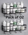 "Multipurpose Wall-Mounted Storage Rack - 1 Layer Metal Shelf with Hooks, Black Metal Shelf, Shower & Bathroom Storage Organizer, Kitchen Wall Rack, Durable Punch Frame, Space-Saving Design". 