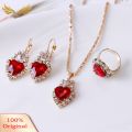 Women Heart Shape Rhinestone Pendant Necklace Lever Back Earrings Ring Jewelry. 