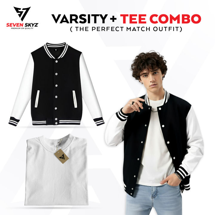 2-in-1 Varsity Jacket with Inner White Tee for Men – Black & White ...