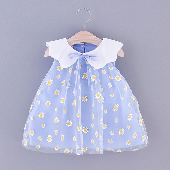 Summer Children's Wear Baby Girls' Beautiful Little Daisy Mesh Collar Solid Sleeveless Dress Beach Dress Party Dress