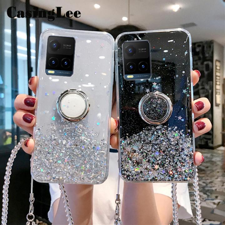 Casinglee for VIVO Y21 case Shiny Ring Glitter Soft Transparent Holder Stand Back cover with String for VIVO Y21 Phone cases cover Stars Moon Girls For girls and Boys