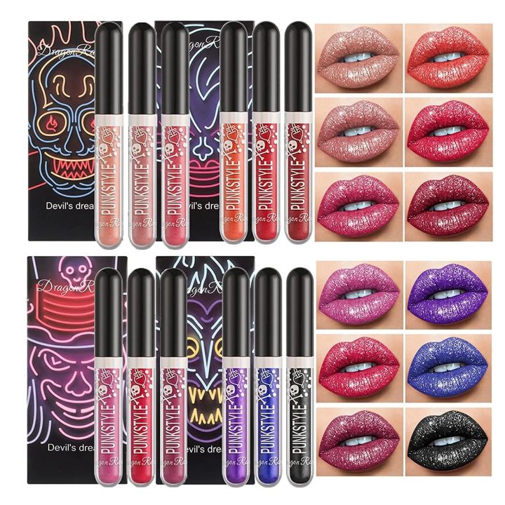 3Pcs/set Halloween Diamond Glitter Lip Gloss Kit Waterproof Glitter Liquid Black Lipstick Shimmer Lip Tint
