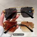 Luxury Rimless Sunglasses for Men – Gold Metal Frame with Panther Side Design, Square Stylish Shades, Premium Fashion Eyewear. 