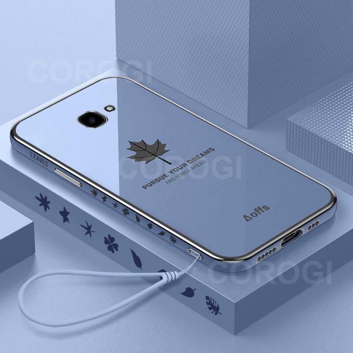 COROGI for Samsung Galaxy J4 Plus Back Cover with Lanyard Luxury 6D Plating Maple Leaf Pattern Shiny Girls Cases Soft Silicone Square Mobile Phone Case