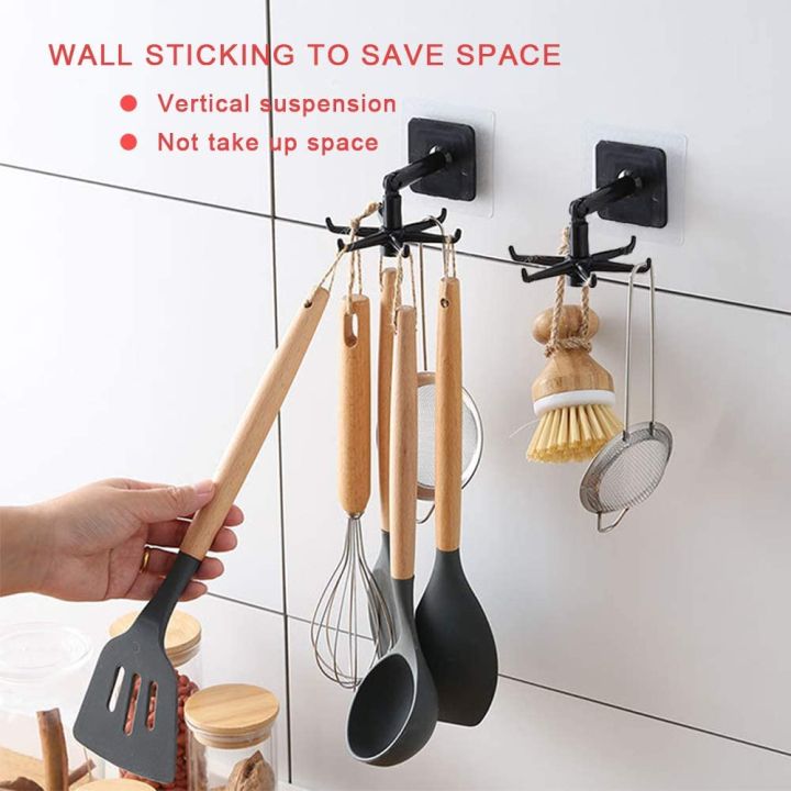 6 Hooks Kitchen Storage Rack 360 Degrees Rotating Hook Self Adhesive Kitchen Hooks Bathroom Hanger Shelf Hanging Rack Organizer