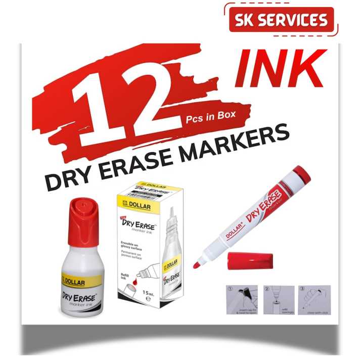 Dollar Dry Erase Marker Ink 15.ml 12's Bottles Box  White Board Maker Ink Easy To Dry Easyt to Erase