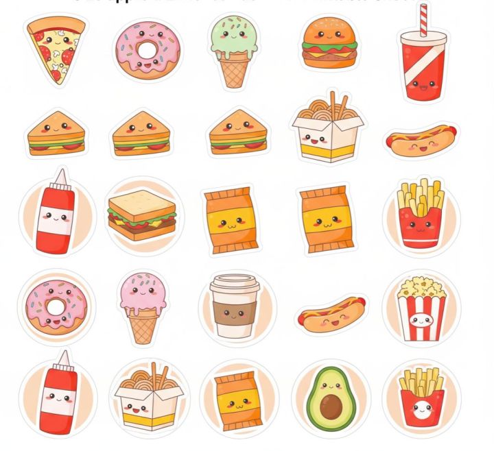 25 Pcs Kawaii Fast Food Stickers 2 Inch X 2 Inch Each Cute Pizza Burger ...