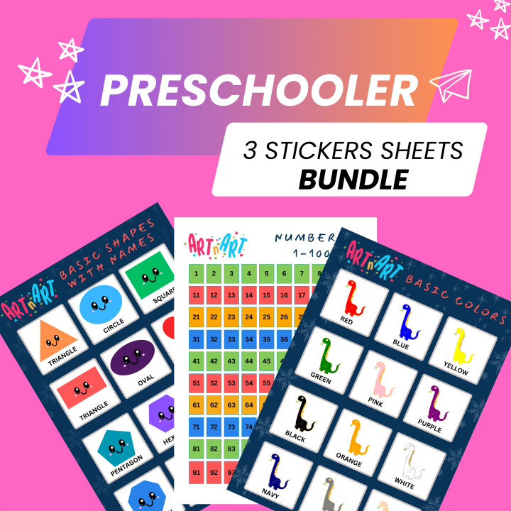 3 Stickers sheets bundle offer (Counting 1-100 stickers, Dino colors learning stickers , Shapes learning Stickers)