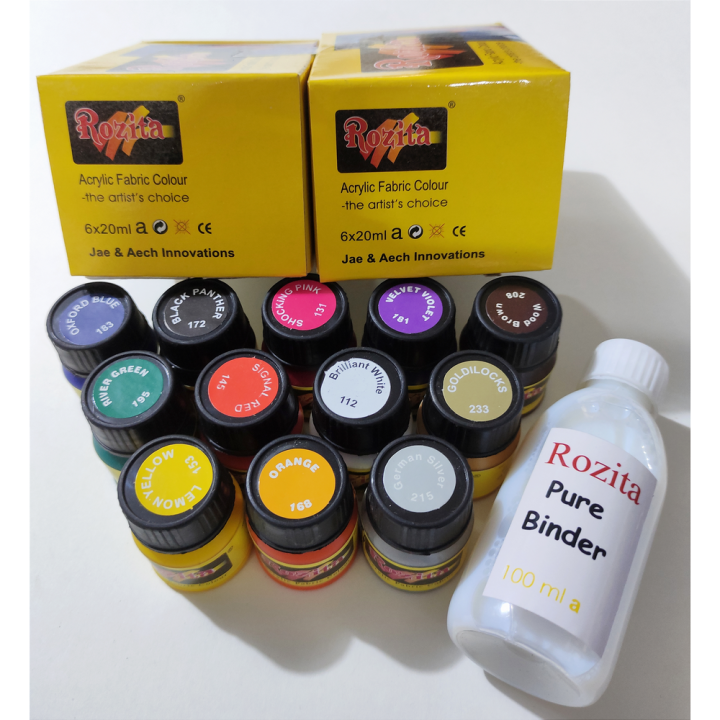 Rozita Fabric Color Set of 12 - 20ml with Free Binder 100ml | Good Quality | Best for Fabric Painting | Strong Pigments and Vibrant Colors