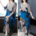 Casual Loose Vintage Floral Printed Long Dress Folk Women's Clothing Straight All-match Patchwork Summer Short Sleeve Dresses. 