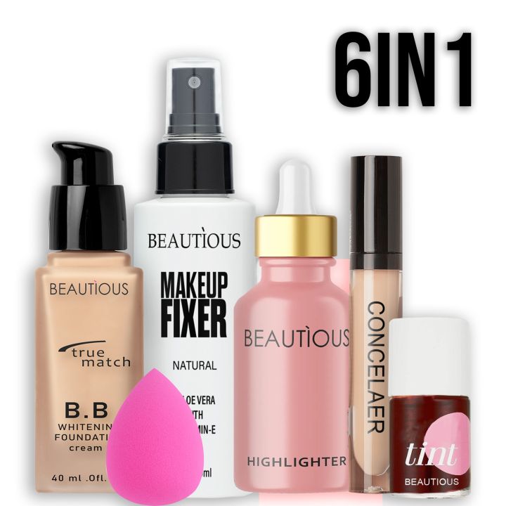 Beautious Deal of 6 in 1 - Foundation + Concealer + Fixer + Highlighter + Lip Tint + Beauty Blender