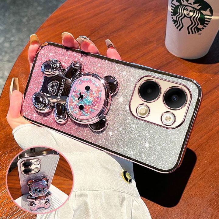 For Infinix Zero 30 4G / Zero 30 5G Back Cover with 3D Bear Hidden Stand Bracket Luxury 6D Gradient Shiny Plating Glitter Women Phone Case Clear Soft Silicone Protective Cases Pouch Girls