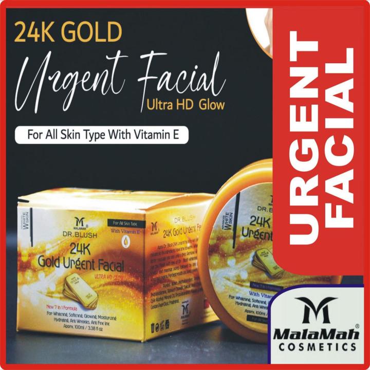 MALAMAH DR BLUSH 24K GOLD ULTRA HD GLOW URGENT FACIAL ALL IN ONE BRIGHTNING SERIES FACIAL WITH VITAMIN E FOR FACE FRESHNESS, FRECKLES, ANTI WRINKLES, DARK CIRCLES, ANTI BLACK AND WHITE HEADS, ANTIACNE, ANTI AGING, DEEP CLEANSING AND SKIN TREATMENT 100 ML