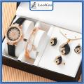 6pc Women Quartz Watch Jewelry Set Business Fashion Casual Round Pointer Flower Watch Necklace Bracelet Earrings Ring Set Gift. 