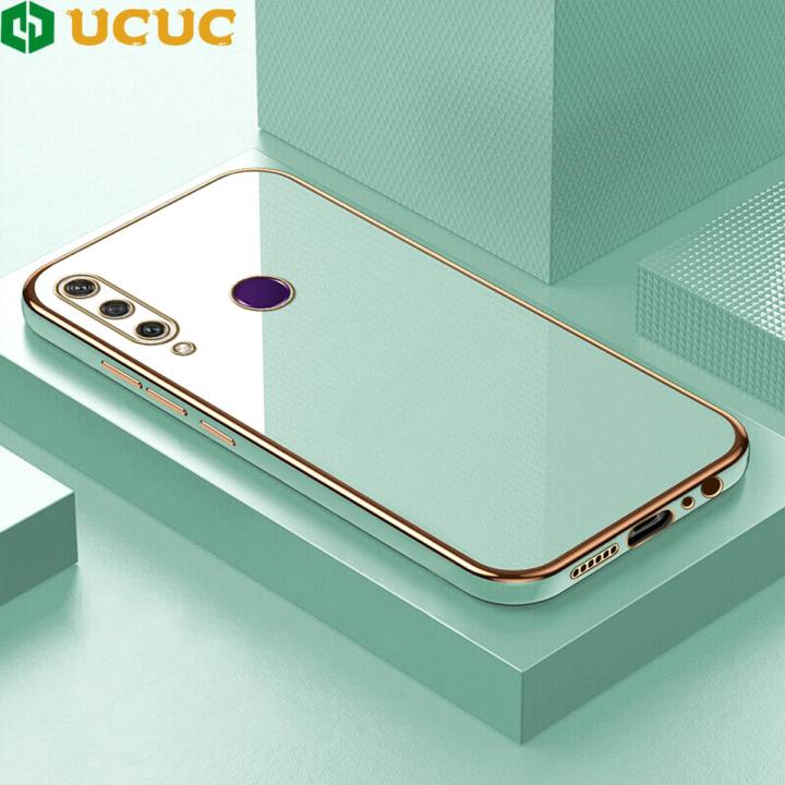 UCUC for Huawei Y6P Back Cover + Free Lanyard Luxury 6D Plating Case Side Pattern Soft Silicone Square Phone Cases