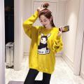 Korean Fashion Medium And Long Clothes Female Autumn Dress Korean Version Loose Thin Cartoon Print Round Collar Bf Student Coat. 