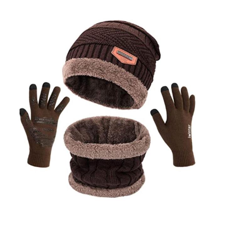 3 Pc Original Quality Beanie Cap Neck Warmer Hat Scarf With Multucoloures
 | 3 Pc Winter Knitted Brown Color Beanie Cap Neck Warmer & Gloves Set | 3 Pc Beanies Knit Hat Winter Cap Neck Warmer & Gloves knitted Cap Thicken Hedging Cap Neck Warmer Gloves