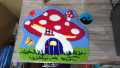 Whimsical Mushroom Cottage measuring 43 x 38 cm punch needle wall hanging. 