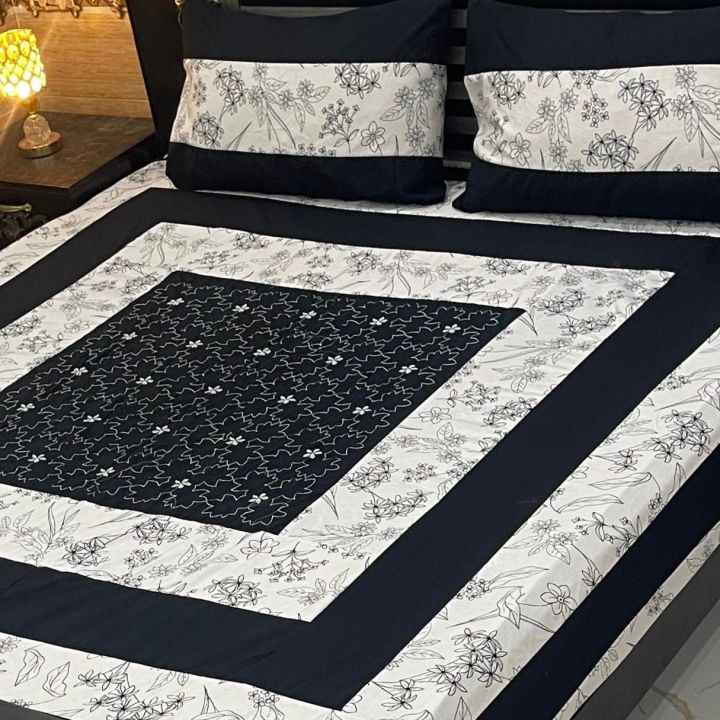 Black - Jacquard with Bagh Patch Cotton Bedsheet Set 03