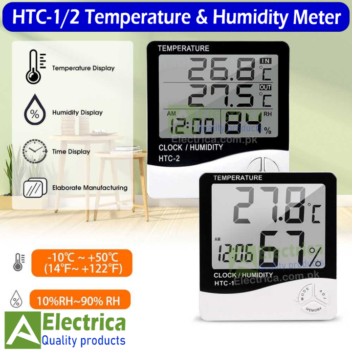 HTC-1 HTC-2 HTC-2A LCD Electronic Digital Temperature Humidity Meter Home Thermometer Hygrometer Indoor Outdoor Weather Station Clock by electrica (battery included)