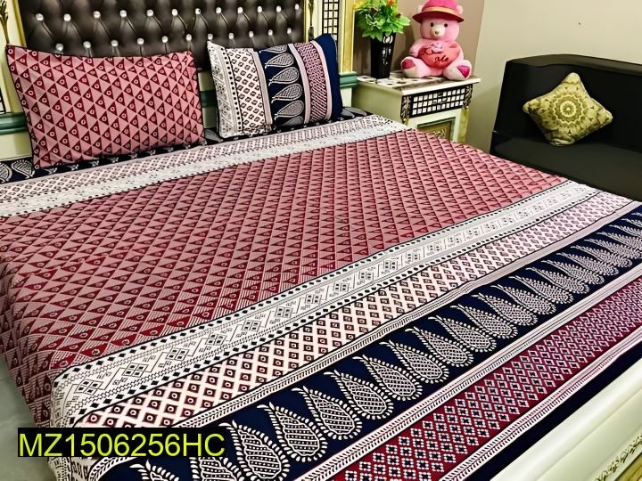 3 Pcs Cotton Printed Double Bedsheet
