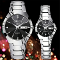 Oruss 1853 Pack of 2 Quartz Couple Watch Chain straps silver Chain and black Dial with Time, Date and Day Function. 