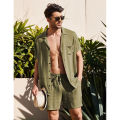Yfashion Men Linen Shirt Shorts Set Summer Loose Casual Short Sleeve Lapel Cardigan Tops Shorts Suit color. 