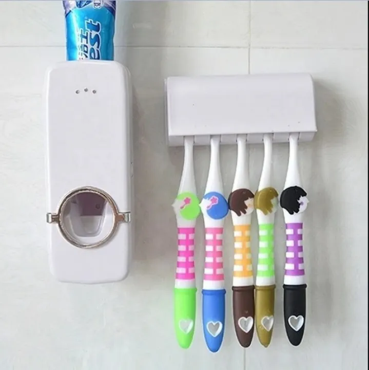 Set of Toothpaste Dispenser & Toothbrush Holder - White Automatic Toothpaste Dispenser and Toothbrush Holder Set. Wall Mounted Toothpaste Dispenser with 5 Toothbrush Holder Set, Toothpaste Squeezing Machine, Toothpaste Dispenser Toothbrush Holder Set.