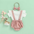 Newborn Baby Three Piece Set, Fly Sleeve Round Neck Shirt Suspender Ruffle Shorts Elastic Matching Headband. 