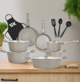 SK Cookware 16 Pieces Marble Coated Cookware Set – Signature Edition | Premium Non Stick Cookware Set with Glass Lids | Heavy Gauge Aluminum | Stylish Marble Finish | Perfect Wedding & Family Gift Set. 