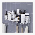 "Multipurpose Wall-Mounted Storage Rack - 1 Layer Metal Shelf with Hooks, Black Metal Shelf, Shower & Bathroom Storage Organizer, Kitchen Wall Rack, Durable Punch Frame, Space-Saving Design". 