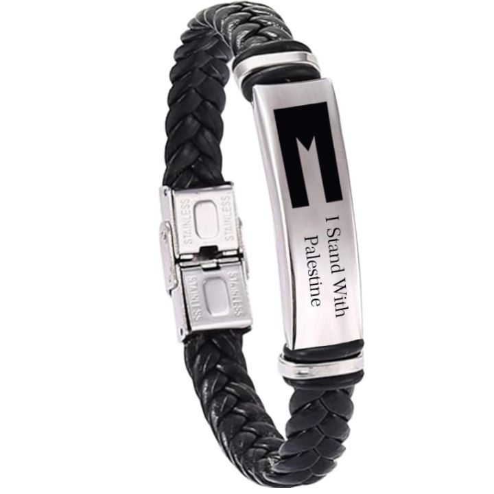 Wholesale New Palestine flag bracelet DIY logo stainless steel with leather braided bracelet for man